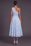Blue One Shoulder Floral Midi Wedding Guest Dress with Pearls