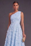 Blue One Shoulder Floral Midi Wedding Guest Dress with Pearls