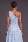 Blue One Shoulder Floral Midi Wedding Guest Dress with Pearls