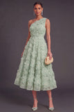Blue One Shoulder Floral Midi Wedding Guest Dress with Pearls