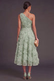 Blue One Shoulder Floral Midi Wedding Guest Dress with Pearls