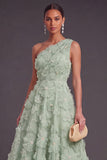Blue One Shoulder Floral Midi Wedding Guest Dress with Pearls