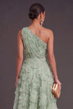 Blue One Shoulder Floral Midi Wedding Guest Dress with Pearls