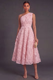 Blue One Shoulder Floral Midi Wedding Guest Dress with Pearls