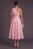 Blue One Shoulder Floral Midi Wedding Guest Dress with Pearls