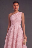 Blue One Shoulder Floral Midi Wedding Guest Dress with Pearls