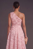 Blue One Shoulder Floral Midi Wedding Guest Dress with Pearls
