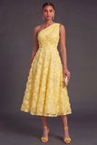 Blue One Shoulder Floral Midi Wedding Guest Dress with Pearls