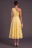 Blue One Shoulder Floral Midi Wedding Guest Dress with Pearls