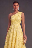 Blue One Shoulder Floral Midi Wedding Guest Dress with Pearls