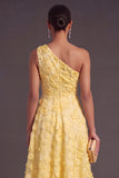 Blue One Shoulder Floral Midi Wedding Guest Dress with Pearls