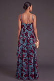 Ruffled Blue Burgundy A-Line Spaghetti Straps Tiered Long Wedding Guest Dress