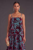 Ruffled Blue Burgundy A-Line Spaghetti Straps Tiered Long Wedding Guest Dress