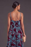 Ruffled Blue Burgundy A-Line Spaghetti Straps Tiered Long Wedding Guest Dress