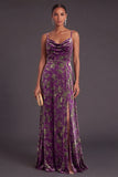 Floral Dusty Purple A-Line Spaghetti Straps Long Wedding Guest Dress with Slit