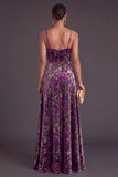 Floral Dusty Purple A-Line Spaghetti Straps Long Wedding Guest Dress with Slit