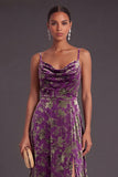 Floral Dusty Purple A-Line Spaghetti Straps Long Wedding Guest Dress with Slit