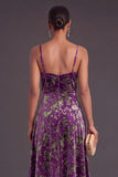 Floral Dusty Purple A-Line Spaghetti Straps Long Wedding Guest Dress with Slit
