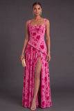 Fuchsia A-Line Square Neck Long Floral Wedding Guest Dress with Slit