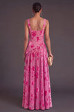 Fuchsia A-Line Square Neck Long Floral Wedding Guest Dress with Slit
