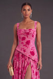 Fuchsia A-Line Square Neck Long Floral Wedding Guest Dress with Slit