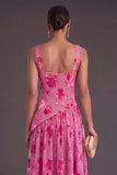 Fuchsia A-Line Square Neck Long Floral Wedding Guest Dress with Slit