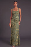 Floral Olive Mermaid Square Neck Ruched Long Bridesmaid Dress