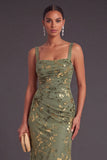 Floral Olive Mermaid Square Neck Ruched Long Bridesmaid Dress