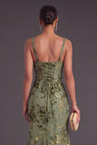 Floral Olive Mermaid Square Neck Ruched Long Bridesmaid Dress