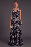 Black Silver A-Line V-Neck Long Floral Wedding Guest Dress with Sleeves