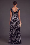 Black Silver A-Line V-Neck Long Floral Wedding Guest Dress with Sleeves