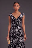 Black Silver A-Line V-Neck Long Floral Wedding Guest Dress with Sleeves