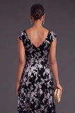 Black Silver A-Line V-Neck Long Floral Wedding Guest Dress with Sleeves