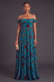 Floral Corset Peacock Blue A-Line Off the Shoulder Long Wedding Guest Dress