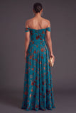 Floral Corset Peacock Blue A-Line Off the Shoulder Long Wedding Guest Dress