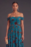 Floral Corset Peacock Blue A-Line Off the Shoulder Long Wedding Guest Dress