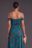 Floral Corset Peacock Blue A-Line Off the Shoulder Long Wedding Guest Dress