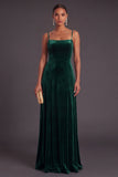 A-Line Dark Green Spaghetti Straps Velvet Long Wedding Guest Dress