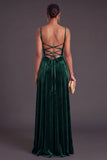 A-Line Dark Green Spaghetti Straps Velvet Long Wedding Guest Dress
