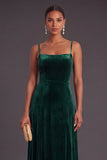 A-Line Dark Green Spaghetti Straps Velvet Long Wedding Guest Dress