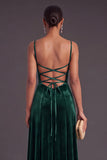 A-Line Dark Green Spaghetti Straps Velvet Long Wedding Guest Dress