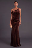 Coffee Mermaid Velvet One Shoulder Ruched Long Wedding Guest Dress