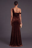 Coffee Mermaid Velvet One Shoulder Ruched Long Wedding Guest Dress