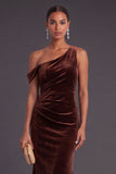 Coffee Mermaid Velvet One Shoulder Ruched Long Wedding Guest Dress