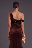 Coffee Mermaid Velvet One Shoulder Ruched Long Wedding Guest Dress