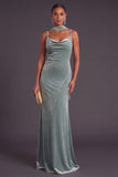 Dusty Sage Mermaid Spaghetti Straps Long Wedding Guest Dress with Neck Scarf