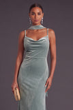 Dusty Sage Mermaid Spaghetti Straps Long Wedding Guest Dress with Neck Scarf