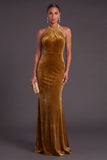 Velvet Golden Brown Mermaid Halter Long Wedding Guest Dress with Bow