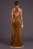 Velvet Golden Brown Mermaid Halter Long Wedding Guest Dress with Bow