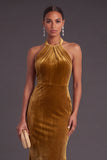 Velvet Golden Brown Mermaid Halter Long Wedding Guest Dress with Bow